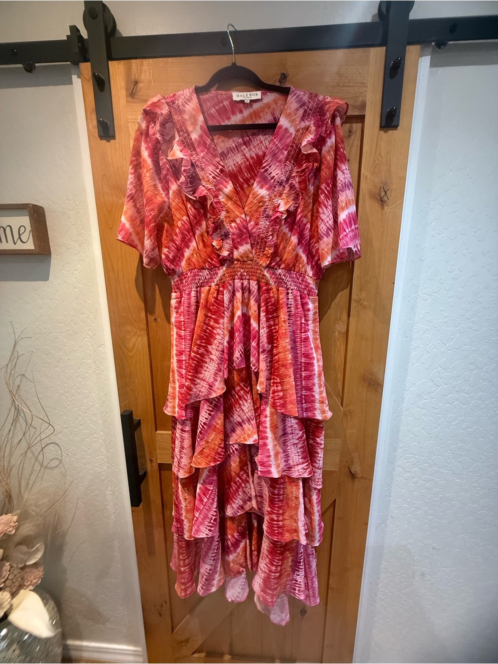 Hale Bob Pink and Orange Tie-Dye Tiered Dress